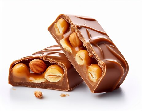chocolate bar split open revealing caramel nougat and peanuts snack bar isolated on white background tasty sweet treat with nuts and chewy filling