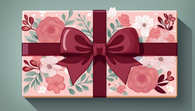 elegant pink floral gift box with large maroon bow delicate flower pattern perfect for celebration or special occasion
