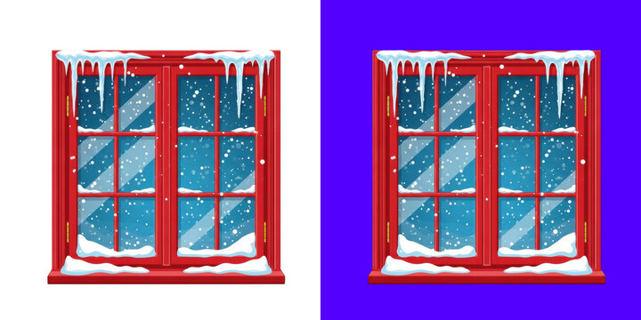 Red window frame with snow and icicles transparent png