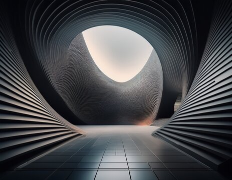 modern architecture building with curved grid facade viewed from circular opening minimalistic design futuristic and innovative urban structure dramatic perspective monochrome color palette