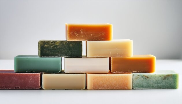 natural soap bars stacked on white background handmade organic various colors clean skincare beauty healthy fresh minimalist