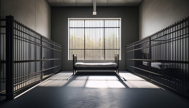minimalist prison cell with iron bars single bed concrete floor large window and soft daylight creating somber mood