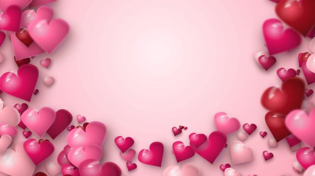 Luxury ruby rose satin hearts floating on a soft pink background with copy space