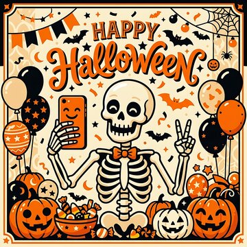 Happy halloween skeleton holding phone with jack o lanterns and pumpkins , Happy halloween 2026, Halloween 2026, Halloween, Halloween design, Halloween Poster Design .