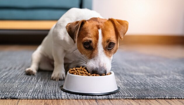jack russell terrier eating dry food from white bowl on floor in home interior hungry dog concept of pet care and feeding