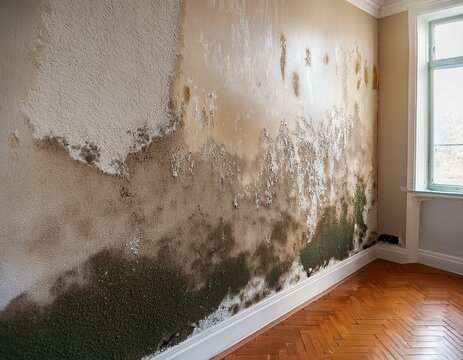 damp wall with visible mold growth water staining and peeling paint indicating moisture intrusion and structural risk during a building