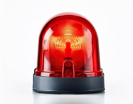red warning siren flashing emergency alarm light signaling danger and security alert on white background
