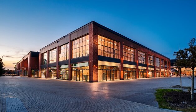 modern shopping center with brick facades and large windows at dusk