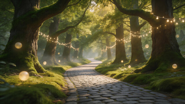Mossy cobblestone path with fairy lights