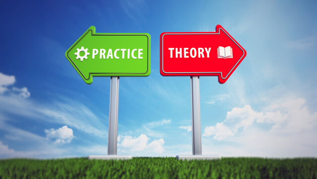 Green and red arrows with theory and practice words on blue background. 3D illustration
