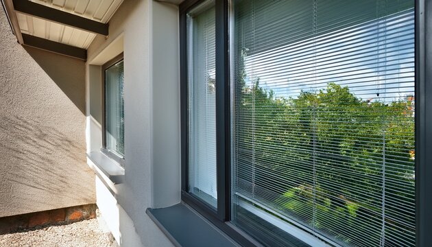 exterior roller shutter partially open on modern window