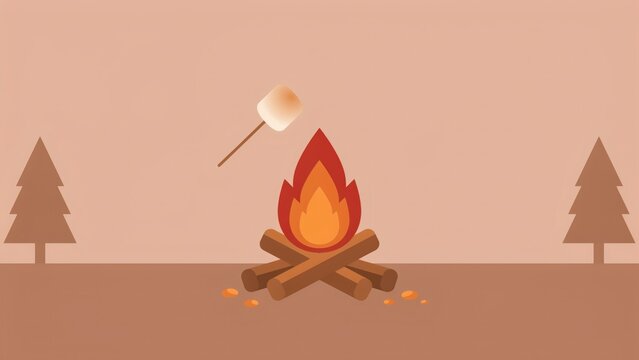 Cute campfire with roasted marshmallow and pine trees in flat vector style with illustration campfire