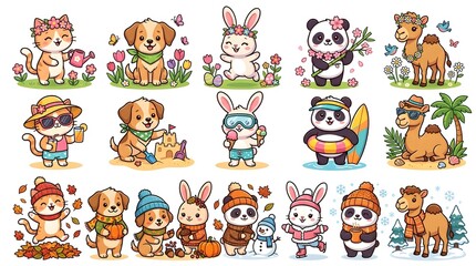 Obraz premium Cute Cartoon Animals Seasonal Collection - Spring Summer Autumn Winter Set