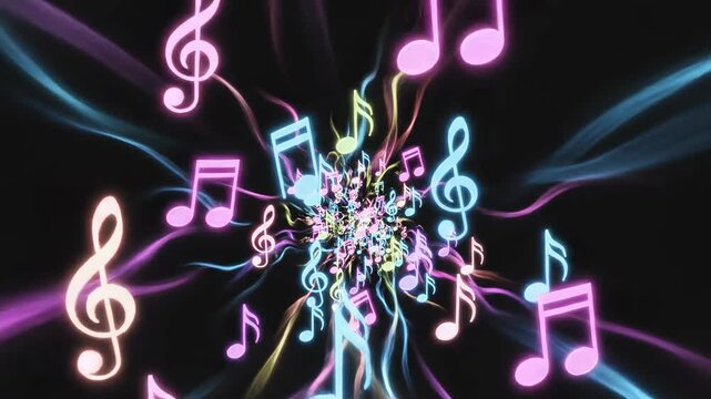 Musical notes radiate from a treble clef in a vibrant colorful display music melody