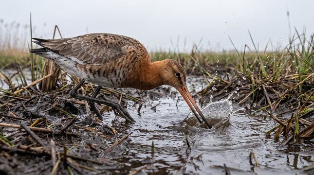 Black-tailed Godwit (Limosa limosa) Foraging in a Wetland &ndash; Elegant Migratory Shorebird