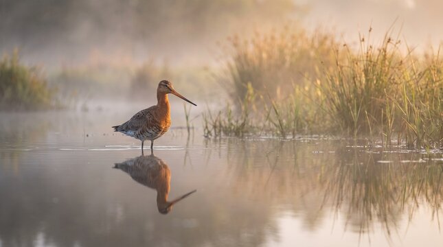 Black-tailed Godwit (Limosa limosa) Foraging in a Wetland &ndash; Elegant Migratory Shorebird