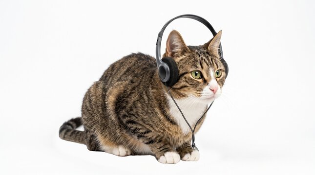 cat headphones music listening audio animal funny cute tabby feline kitty domestic mammal white background isolated sound tech entertainment ears headset gadget electronic dj