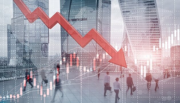 Red arrow pointing downward through skyscrapers with stock charts symbolizing economic decline and market crisis.