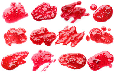 Fototapeta premium Raspberry jam on white background, set. Top view