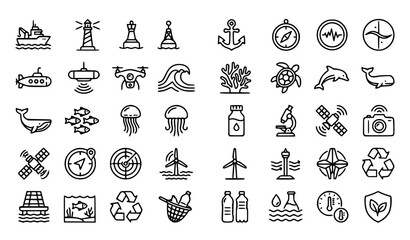Oceanography and Marine Technology Thin Line Icon Set with Environmental Conservation Symbols © MstDulali