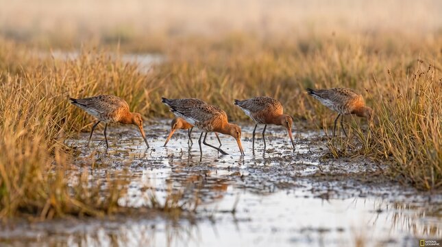 Black-tailed Godwit (Limosa limosa) Foraging in a Wetland &ndash; Elegant Migratory Shorebird