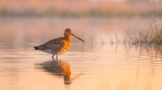 Black-tailed Godwit (Limosa limosa) Foraging in a Wetland &ndash; Elegant Migratory Shorebird