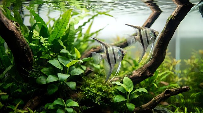 Striped freshwater fish swimming among aquatic plants and driftwood branches in a planted aquarium environment with green vegetation.