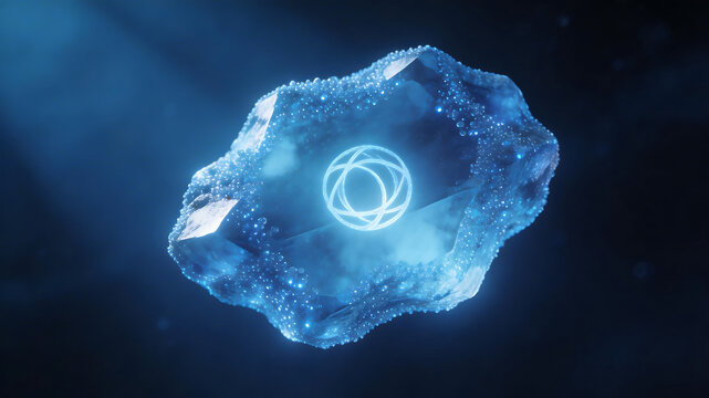 Blue glowing crystal with geometric pattern