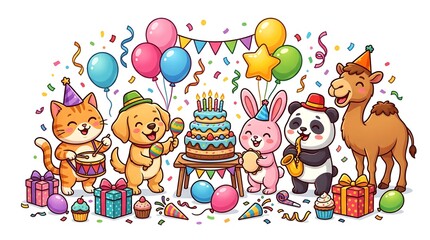 Fototapeta premium Cute Cartoon Animals Celebrating a Birthday Party with Cake and Balloons