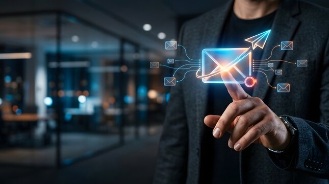 Professional executive manages his digital messaging system through an interactive holographic email display.