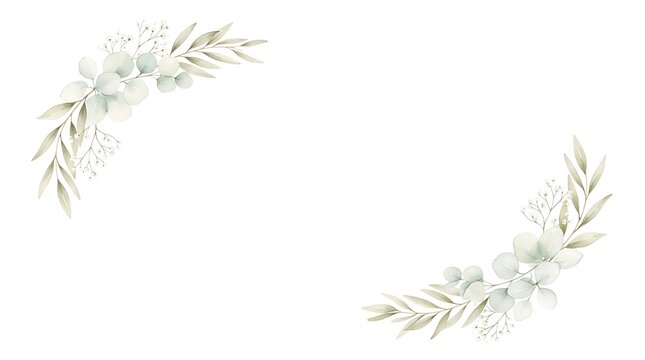 Elegant watercolor wreath frame with delicate green eucalyptus leaves and soft botanical branches on white background