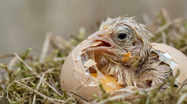 Newly hatched chick emerging from eggshell in nest of straw, wildlife and nature breeding concept.