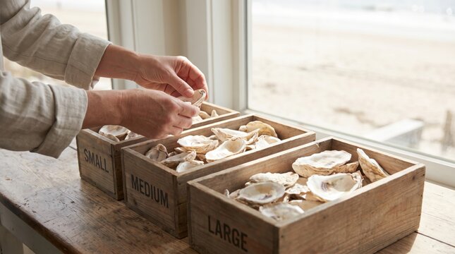 Person sorting oyster shells by size into wooden boxes labeled small medium and large