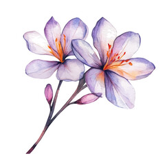 Fototapeta premium Saffron Branch, cute watercolor illustration with intricate patterns and vibrant splashes, isolated on a white background.