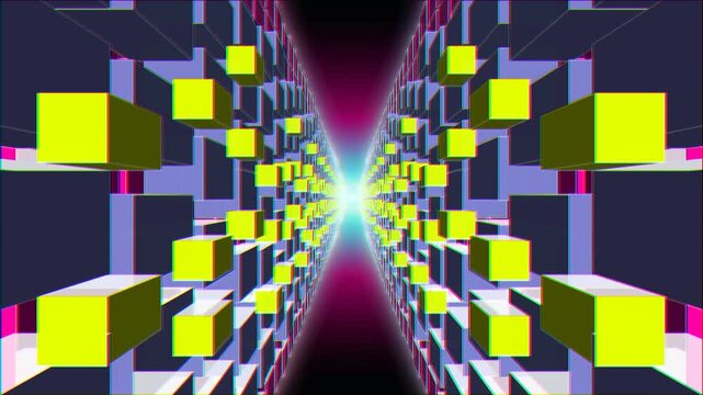 Infinite motion of neon yellow voxels through a deep digital data gorge landscape