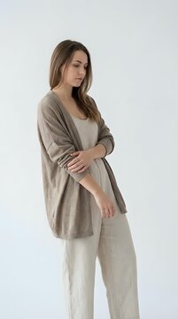Young woman with long brown hair and fair complexion wearing casual linen clothing, including a beige cardigan and cream pants, standing against white background for fashion and lifestyle use.