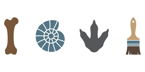 Paleontology set of icons including prehistoric bone fossilized shell dinosaur footprint and brush with paleontology archaeology dinosaur footprint prehistoric illustration research discovery © vector studio
