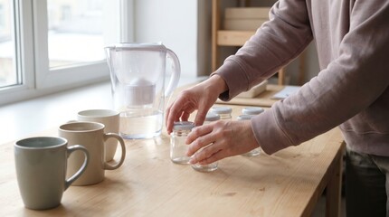 Fototapeta premium Hands placing metal lids onto small glass jars near a water filter pitcher and mugs