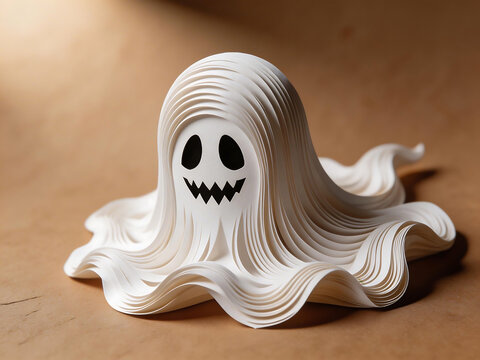 Paper ghost decoration on wooden surface
