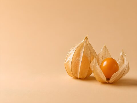 Seasonal Fruit Still Life - Physalis. Physalis fruit with husk on a soft beige background, showcasing the vibrant orange fruit nestled within its protective outer layer