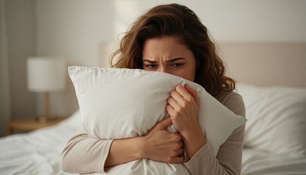 A young woman with wavy hair hugging a white pillow tightly while sitting in bed during a lazy day, looking down with a sad and thoughtful expression in a cozy and softly lit bedroom.
