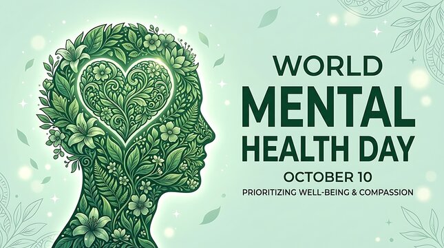 World mental health day concept with floral human head and heart illustration