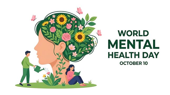 World mental health day illustration with flowers and people caring for mind