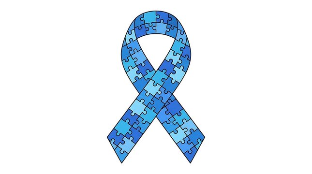 Blue awareness ribbon made of jigsaw puzzle pieces for autism support