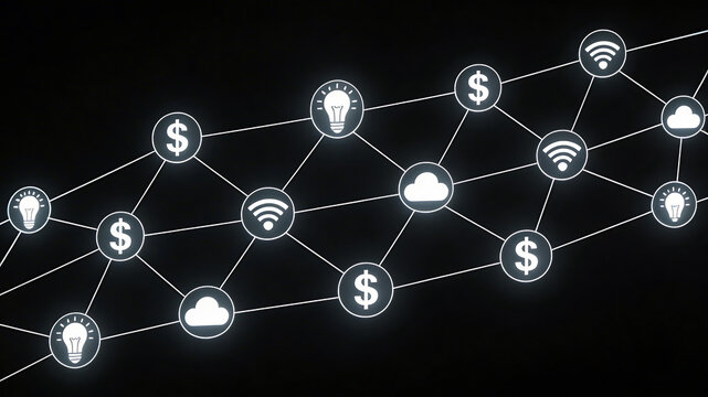 Network of icons on dark background