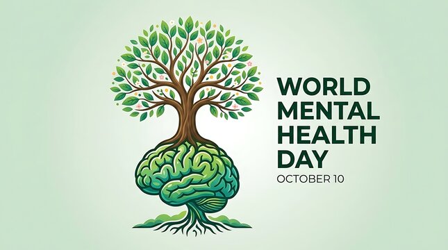 World mental health day illustration with a brain and tree concept