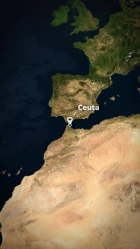 Earth globe zoom animation descending to Ceuta, Spain, featuring a location pin, concentric circle highlight, and typography for a vertical travel and news-style graphic template for mobile.
