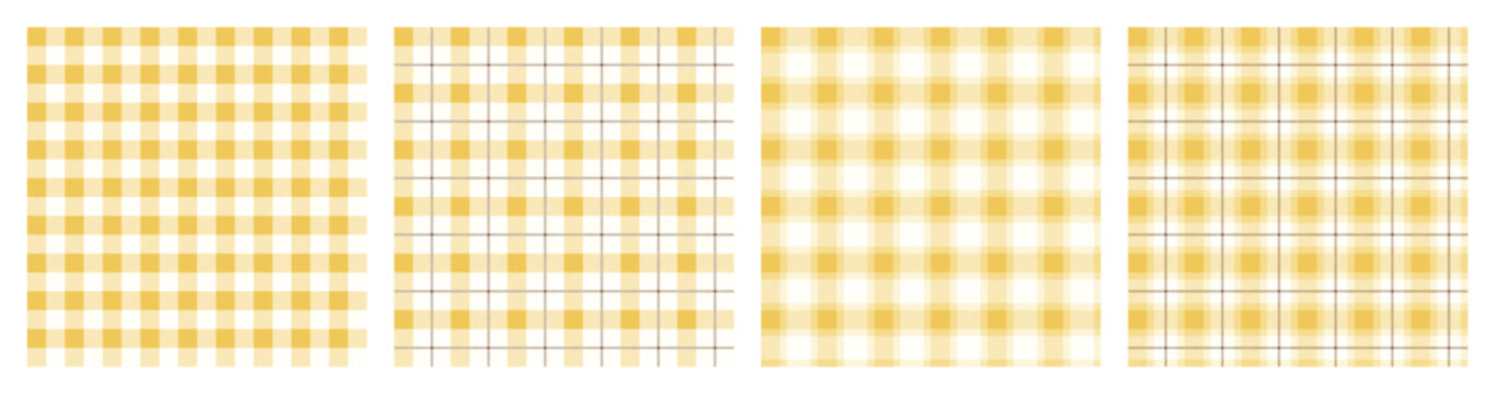 Yellow Vichy Background Set. Gingham Seamless Pattern. Tartan Plaid Wallpaper.