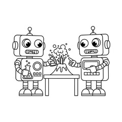 Two cheerful robots conducting a science experiment with a volcano model on a table
 set of funny cartoon robot