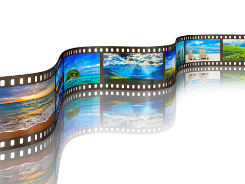 Scene featuring global tourism travel concept - photograph film with travel images with reflection on white background